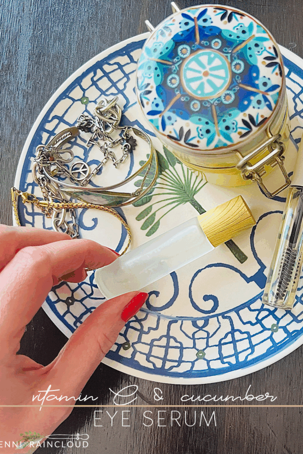 Blue and Green plate with jewelry a balm and DIY vitamin C cucumber eye serum.