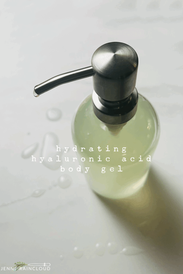 Glass pump bottle with DIY hydrating hyaluronic acid body gel.