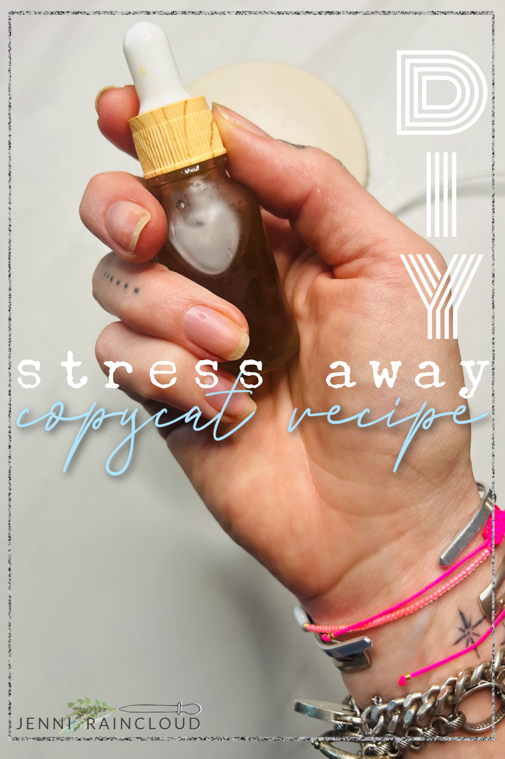 Hand holding the DIY stress in a bottle of glass dropper