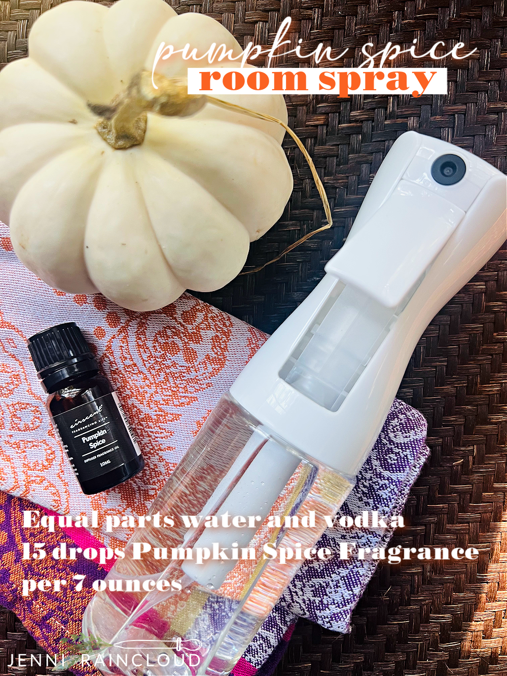 Glass spray bottle with Pumpkin Spice DIY room spray